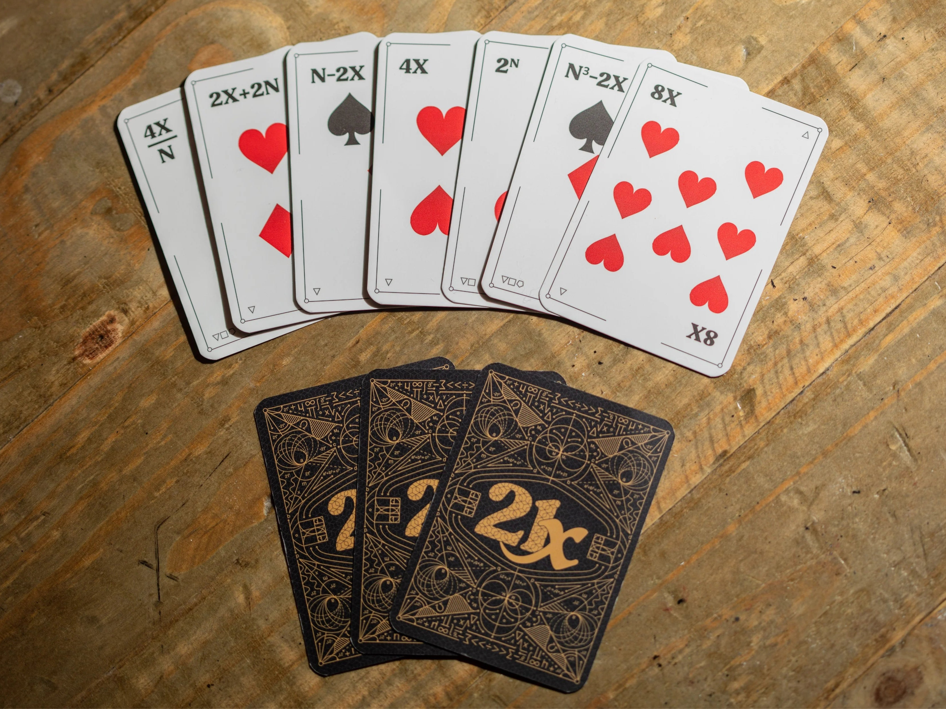 Photo of some cards from the game arranged on a table. The front of the cards have playing card-style pips (hearts, diamonds, spades, clubs) but the numbers are algebraic expressions, like '8X' or '2^N'. The back of the cards are black, with an intricate gold design that says '21X' in the middle and has a beautiful geometric pattern covering the rest of the card