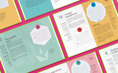 Photo showing several spreads from within the book including ones on The golden ratio, Integer sequences, infinity and Goldbach's conjecture. Each page has a shape headed 'in 100 words' which has a different number of sides and contains a blurb. There are also headings for 'why it matters', 'key thinkers' and 'what comes next'