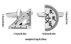 Diagram of the pair of cufflinks, which are a metal set square and protractor. The set square is 1.5cm/0.6in in each direction, and the protractor is 0.9cm/0.4in by 1.8cm/0.7in. The weight is 8.5g/0.29oz.