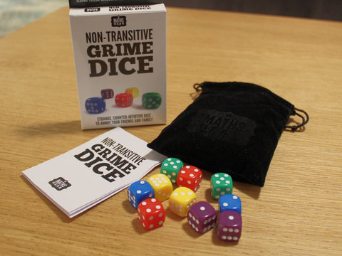 Photo of a set of 10 Grime Dice, which are two each of red, green, blue, purple and yellow, alongside a black velvet bag embossed with the Maths Gear logo, a cardboard box and information leaflet