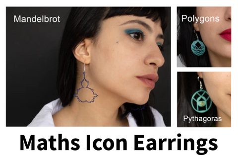 Photos of three of the earrings in the set being worn by a model, including the Mandelbrot, Polygons and Pythagoras earrings