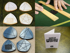 Photos of the sets of shapes in Wood and Acrylic, plus a photo of the information booklet that comes with the set, and a still from the video of Steve rolling the shapes between two rulers