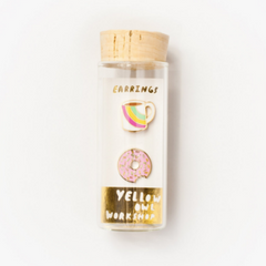 Coffee/donut earrings in packaging